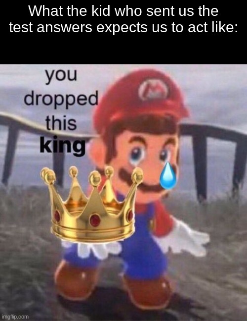 I be tryna find a good title for dis. | What the kid who sent us the test answers expects us to act like: | image tagged in mario you dropped this king | made w/ Imgflip meme maker