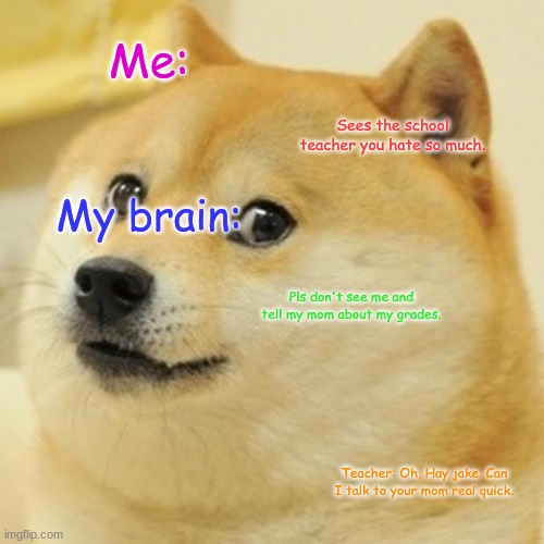 Doge | Me:; Sees the school teacher you hate so much. My brain:; Pls don't see me and tell my mom about my grades. Teacher: Oh, Hay jake. Can I talk to your mom real quick. | image tagged in memes,doge | made w/ Imgflip meme maker