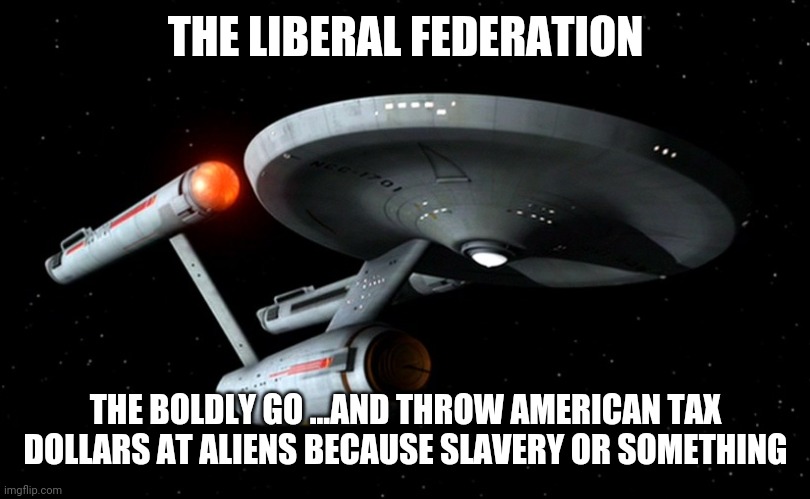 Star Trek Enterprise | THE LIBERAL FEDERATION; THE BOLDLY GO ...AND THROW AMERICAN TAX DOLLARS AT ALIENS BECAUSE SLAVERY OR SOMETHING | image tagged in star trek enterprise | made w/ Imgflip meme maker