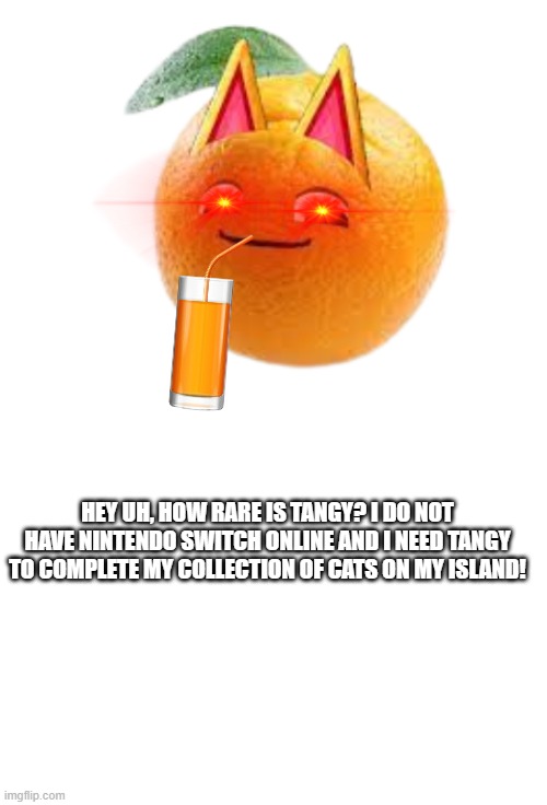 Halp. | HEY UH, HOW RARE IS TANGY? I DO NOT HAVE NINTENDO SWITCH ONLINE AND I NEED TANGY TO COMPLETE MY COLLECTION OF CATS ON MY ISLAND! | image tagged in blank white template | made w/ Imgflip meme maker