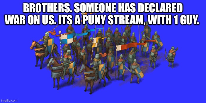 Crusader Army | BROTHERS. SOMEONE HAS DECLARED WAR ON US. ITS A PUNY STREAM, WITH 1 GUY. | image tagged in crusader army | made w/ Imgflip meme maker