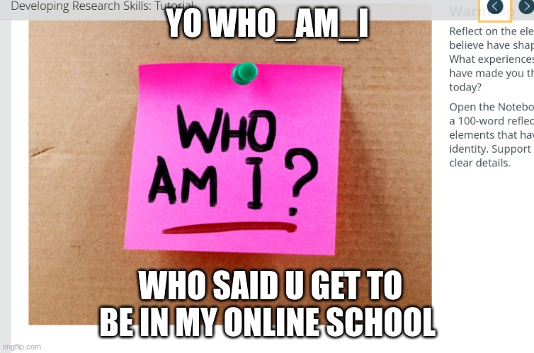 @who_am_i | YO WHO_AM_I; WHO SAID U GET TO BE IN MY ONLINE SCHOOL | image tagged in who_am_i | made w/ Imgflip meme maker