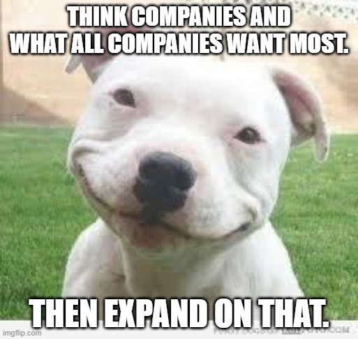 Happy Friday Puppy | THINK COMPANIES AND WHAT ALL COMPANIES WANT MOST. THEN EXPAND ON THAT. | image tagged in happy friday puppy | made w/ Imgflip meme maker