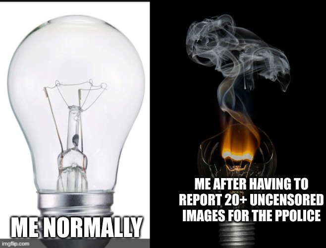 god im so exhausted i cant even do math | ME AFTER HAVING TO REPORT 20+ UNCENSORED IMAGES FOR THE PPOLICE; ME NORMALLY | image tagged in burned out bulb | made w/ Imgflip meme maker