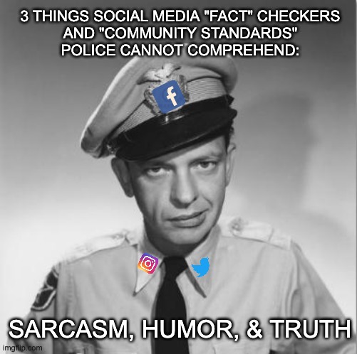 Barney really needs to gain 150 lbs, have green hair, face tats, and a couple of face piercings to fully look the part. | 3 THINGS SOCIAL MEDIA "FACT" CHECKERS
AND "COMMUNITY STANDARDS"
POLICE CANNOT COMPREHEND:; SARCASM, HUMOR, & TRUTH | image tagged in barney fife,social media,facebook,twitter,instagram | made w/ Imgflip meme maker