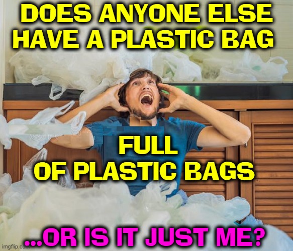 Am I the Bag Man —in a world full of Plastic Bags? | DOES ANYONE ELSE HAVE A PLASTIC BAG; FULL
OF PLASTIC BAGS; ...OR IS IT JUST ME? | image tagged in vince vance,dilemna,hoarders,hoarding,memes,plastic bag challenge | made w/ Imgflip meme maker