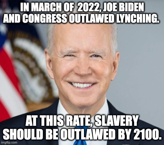 fjb | IN MARCH OF  2022, JOE BIDEN AND CONGRESS OUTLAWED LYNCHING. AT THIS RATE, SLAVERY SHOULD BE OUTLAWED BY 2100. | made w/ Imgflip meme maker