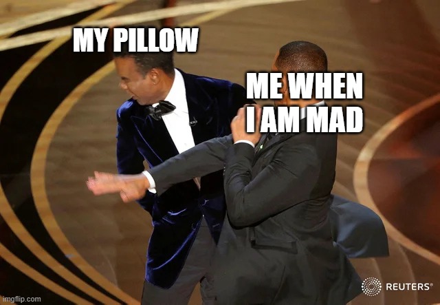 Will Smith punching Chris Rock |  MY PILLOW; ME WHEN I AM MAD | image tagged in will smith punching chris rock | made w/ Imgflip meme maker