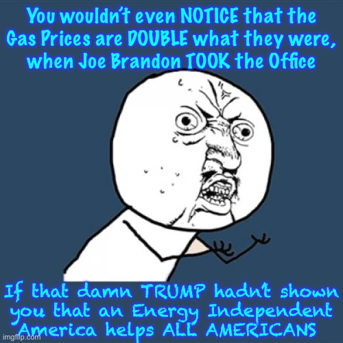 There’s just No End to Trump Pi$$ing me off | You wouldn’t even NOTICE that the
Gas Prices are DOUBLE what they were,
when Joe Brandon TOOK the Office; If that damn TRUMP hadn’t shown
you that an Energy Independent
America helps ALL AMERICANS | image tagged in memes,y u no,point the finger of blame,green agenda is not about protecting earth,read about geoengineering,control and money | made w/ Imgflip meme maker