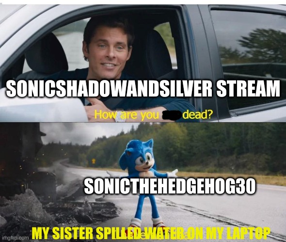 sonic how are you not dead | SONICSHADOWANDSILVER STREAM; SONICTHEHEDGEHOG30; MY SISTER SPILLED WATER ON MY LAPTOP | image tagged in sonic how are you not dead | made w/ Imgflip meme maker