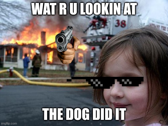 Disaster Girl | WAT R U LOOKIN AT; THE DOG DID IT | image tagged in memes,disaster girl | made w/ Imgflip meme maker