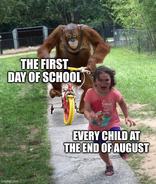 Orangutan chasing girl on a tricycle | THE FIRST DAY OF SCHOOL; EVERY CHILD AT THE END OF AUGUST | image tagged in orangutan chasing girl on a tricycle | made w/ Imgflip meme maker