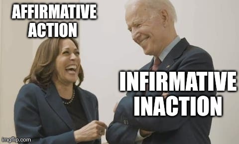 Neither made it on merit. | AFFIRMATIVE ACTION; INFIRMATIVE INACTION | image tagged in biden harris laughing | made w/ Imgflip meme maker