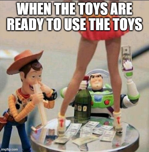 Toy Story Stripper | WHEN THE TOYS ARE READY TO USE THE TOYS | image tagged in toy story stripper | made w/ Imgflip meme maker