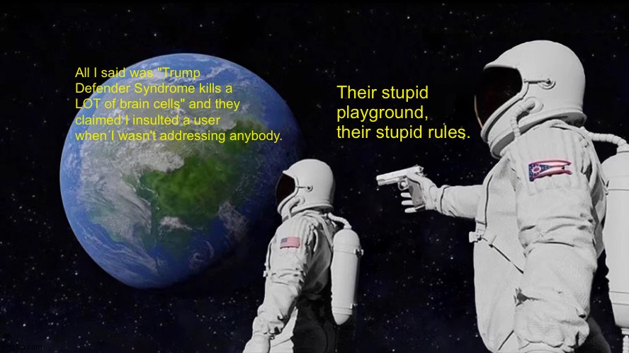 They look the other way when the Right does it. | All I said was "Trump Defender Syndrome kills a LOT of brain cells" and they claimed I insulted a user when I wasn't addressing anybody. Their stupid playground, their stupid rules. | image tagged in memes,always has been | made w/ Imgflip meme maker