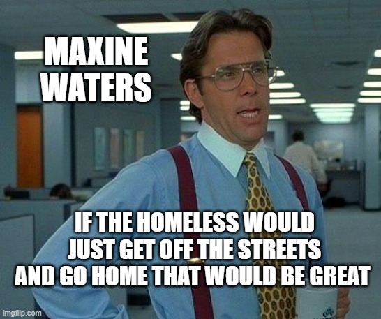 Maxine waters | MAXINE
 WATERS; IF THE HOMELESS WOULD JUST GET OFF THE STREETS AND GO HOME THAT WOULD BE GREAT | image tagged in memes,that would be great | made w/ Imgflip meme maker
