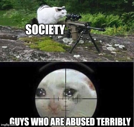 Bad society |  SOCIETY; GUYS WHO ARE ABUSED TERRIBLY | image tagged in sniper cat | made w/ Imgflip meme maker