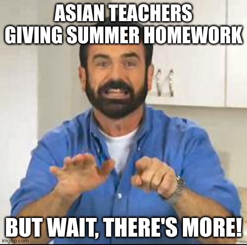 I'm asian, so I know |  ASIAN TEACHERS GIVING SUMMER HOMEWORK; BUT WAIT, THERE'S MORE! | image tagged in but wait there's more | made w/ Imgflip meme maker