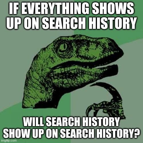 Hmmmmm... I wonder... |  IF EVERYTHING SHOWS UP ON SEARCH HISTORY; WILL SEARCH HISTORY SHOW UP ON SEARCH HISTORY? | image tagged in memes,philosoraptor,search history,i wonder | made w/ Imgflip meme maker