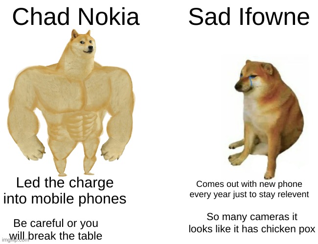 Nokia vs Iphone |  Chad Nokia; Sad Ifowne; Comes out with new phone every year just to stay relevent; Led the charge into mobile phones; So many cameras it looks like it has chicken pox; Be careful or you will break the table | image tagged in memes,buff doge vs cheems,nokia,iphone | made w/ Imgflip meme maker
