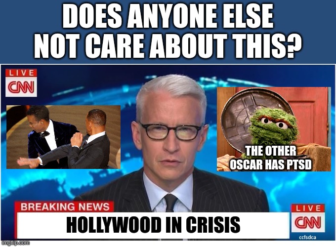 And next year, they'll have to shoot someone to bring ratings back up | DOES ANYONE ELSE NOT CARE ABOUT THIS? THE OTHER OSCAR HAS PTSD; HOLLYWOOD IN CRISIS | image tagged in cnn breaking news anderson cooper | made w/ Imgflip meme maker