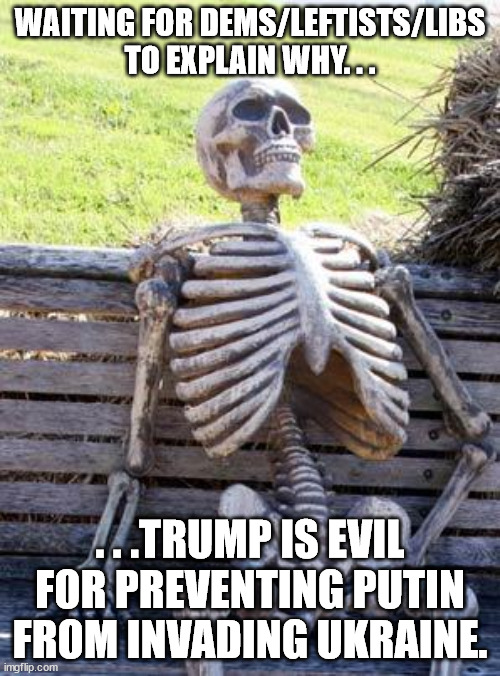 A question asked and will never be answered. | WAITING FOR DEMS/LEFTISTS/LIBS TO EXPLAIN WHY. . . . . .TRUMP IS EVIL FOR PREVENTING PUTIN FROM INVADING UKRAINE. | image tagged in memes,waiting skeleton,stupid people,liberal logic | made w/ Imgflip meme maker