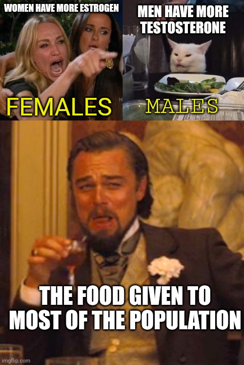 Argue all you want you might want to look into that soy you eatin | WOMEN HAVE MORE ESTROGEN; MEN HAVE MORE TESTOSTERONE; MALES; FEMALES; THE FOOD GIVEN TO MOST OF THE POPULATION | image tagged in crying lady and confused cat,memes,laughing leo,junk food,testosterone | made w/ Imgflip meme maker