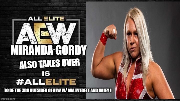 is all elite | MIRANDA GORDY; ALSO TAKES OVER; TO BE THE 3RD OUTSIDER OF AEW W/ AVA EVERETT AND HALEY J | image tagged in is all elite | made w/ Imgflip meme maker