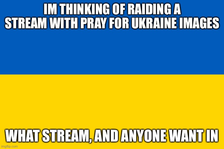 Ukraine flag | IM THINKING OF RAIDING A STREAM WITH PRAY FOR UKRAINE IMAGES; WHAT STREAM, AND ANYONE WANT IN | image tagged in ukraine flag | made w/ Imgflip meme maker