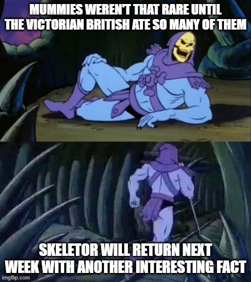 Skeletor disturbing facts | MUMMIES WEREN'T THAT RARE UNTIL THE VICTORIAN BRITISH ATE SO MANY OF THEM; SKELETOR WILL RETURN NEXT WEEK WITH ANOTHER INTERESTING FACT | image tagged in skeletor disturbing facts | made w/ Imgflip meme maker