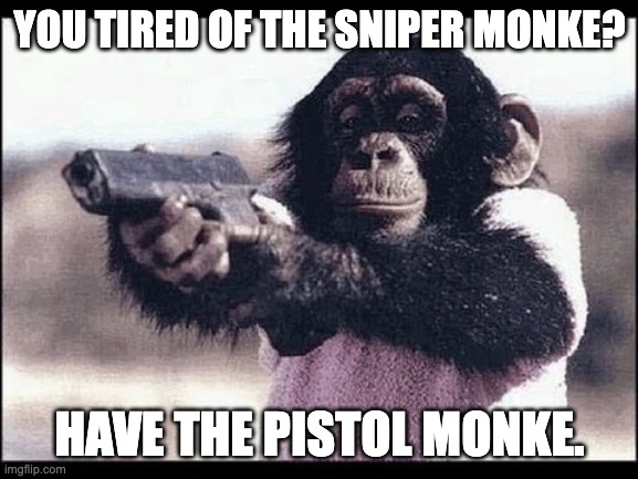 PISTOL MONKE | YOU TIRED OF THE SNIPER MONKE? HAVE THE PISTOL MONKE. | image tagged in monkey,memes | made w/ Imgflip meme maker