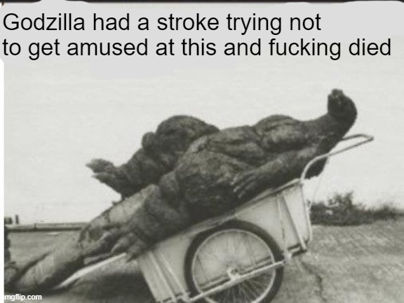 Godzilla | Godzilla had a stroke trying not to get amused at this and fucking died | image tagged in godzilla | made w/ Imgflip meme maker