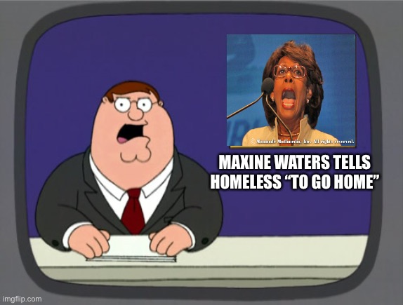 Peter Griffin News |  MAXINE WATERS TELLS HOMELESS “TO GO HOME” | image tagged in memes,peter griffin news | made w/ Imgflip meme maker