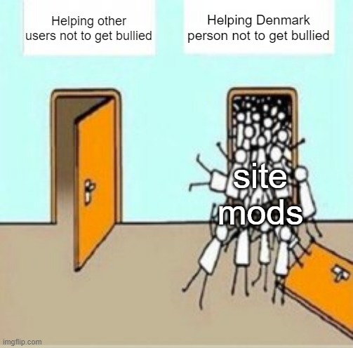 Many People Going Through Door | Helping Denmark person not to get bullied; Helping other users not to get bullied; site mods | image tagged in many people going through door | made w/ Imgflip meme maker