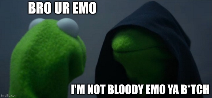 Evil Kermit | BRO UR EMO; I'M NOT BLOODY EMO YA B*TCH | image tagged in memes,evil kermit | made w/ Imgflip meme maker