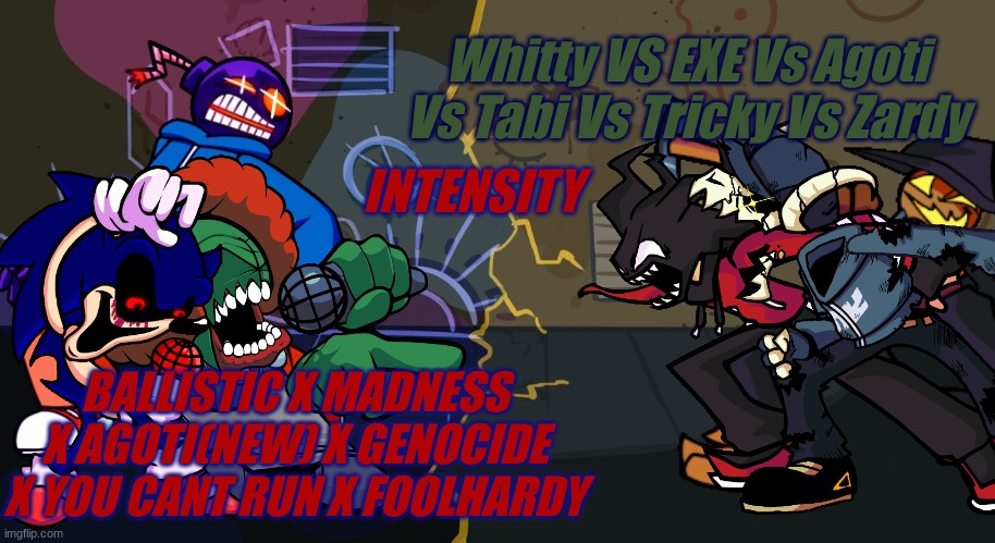 Intensity | Whitty VS EXE Vs Agoti Vs Tabi Vs Tricky Vs Zardy; INTENSITY; BALLISTIC X MADNESS X AGOTI(NEW) X GENOCIDE X YOU CANT RUN X FOOLHARDY | image tagged in ballistic alley | made w/ Imgflip meme maker