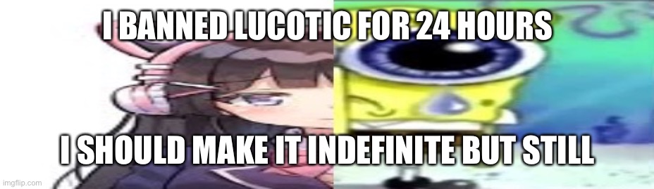 lol | I BANNED LUCOTIC FOR 24 HOURS; I SHOULD MAKE IT INDEFINITE BUT STILL | image tagged in lol | made w/ Imgflip meme maker