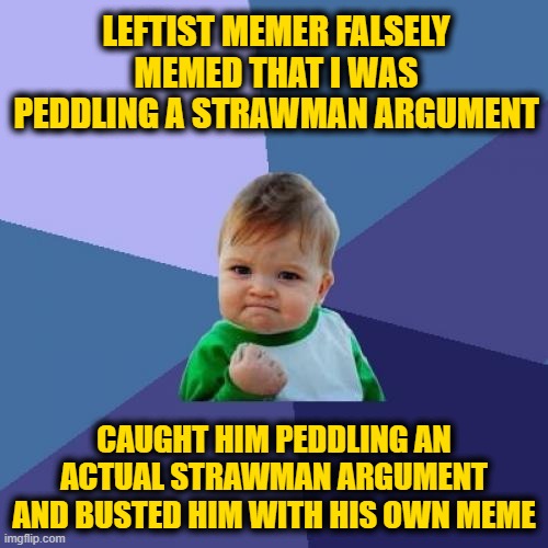 That Word Doesn't Meme what you Think it Memes | LEFTIST MEMER FALSELY MEMED THAT I WAS PEDDLING A STRAWMAN ARGUMENT; CAUGHT HIM PEDDLING AN ACTUAL STRAWMAN ARGUMENT AND BUSTED HIM WITH HIS OWN MEME | image tagged in memes,success kid | made w/ Imgflip meme maker