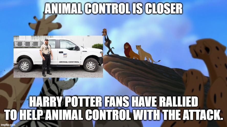 lion king | ANIMAL CONTROL IS CLOSER; HARRY POTTER FANS HAVE RALLIED TO HELP ANIMAL CONTROL WITH THE ATTACK. | image tagged in lion king,memes,president_joe_biden | made w/ Imgflip meme maker