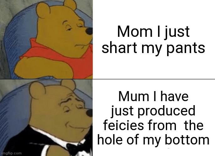The right way | Mom I just shart my pants; Mum I have just produced feicies from  the hole of my bottom | image tagged in memes,tuxedo winnie the pooh | made w/ Imgflip meme maker