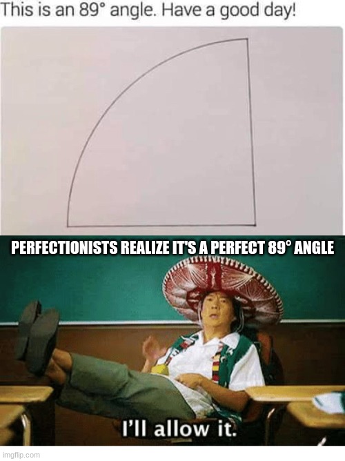 PERFECTIONISTS REALIZE IT'S A PERFECT 89° ANGLE | image tagged in i ll allow it | made w/ Imgflip meme maker