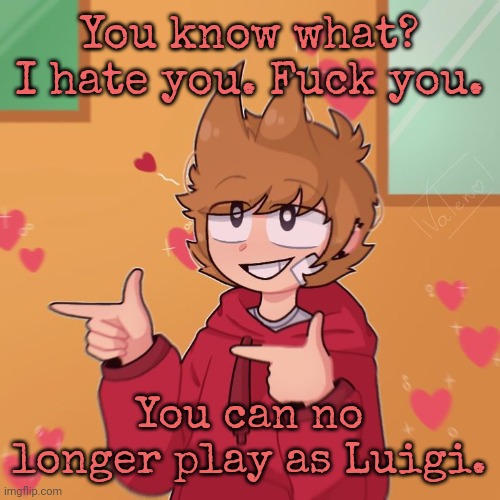 Tord :) | You know what? I hate you. Fuck you. You can no longer play as Luigi. | image tagged in tord | made w/ Imgflip meme maker