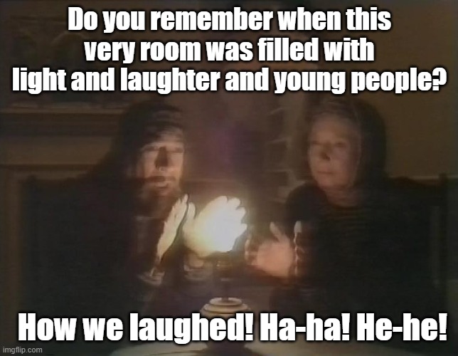 young ones | Do you remember when this very room was filled with light and laughter and young people? How we laughed! Ha-ha! He-he! | image tagged in young ones | made w/ Imgflip meme maker