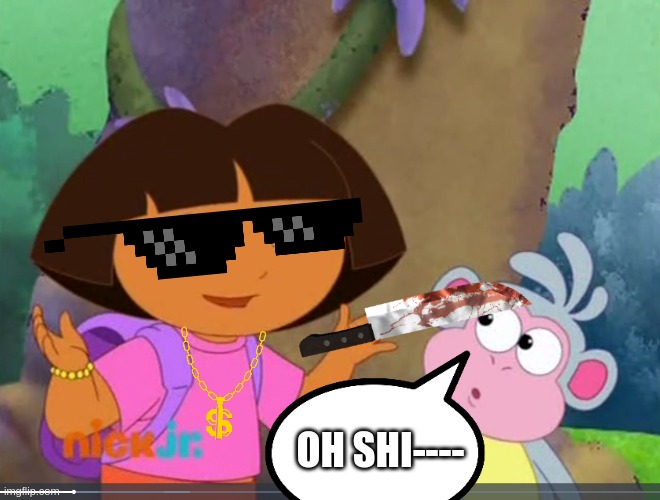 Boots Almost Stabbed | OH SHI---- | image tagged in boots seeing dora shrugging,dora the explorer,hello neighbor,hello piggy,roblox hello neighbor | made w/ Imgflip meme maker