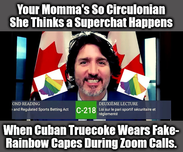YMSC #6 | Your Momma's So Circulonian She Thinks a Superchat Happens; When Cuban Truecoke Wears Fake-
Rainbow Capes During Zoom Calls. | image tagged in justin trudeau,justin truedope,cuban truecoke,zion trueho,your mom,cocaine is a hell of a drug | made w/ Imgflip meme maker