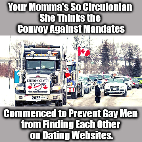 YMSC #7 | Your Momma's So Circulonian 
She Thinks the 
Convoy Against Mandates; Commenced to Prevent Gay Men 
from Finding Each Other 
on Dating Websites. | image tagged in your mom,gays,dating,circulonian,trucking convoy,freedom convoys | made w/ Imgflip meme maker