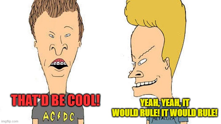 Beavis & Butthead | THAT'D BE COOL! YEAH, YEAH, IT WOULD RULE! IT WOULD RULE! | image tagged in beavis butthead | made w/ Imgflip meme maker