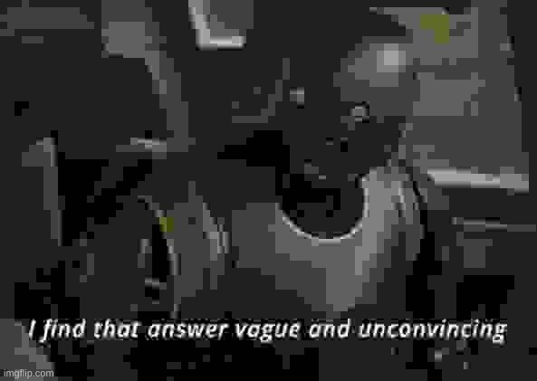 I find that answer vague and unconvincing | image tagged in i find that answer vague and unconvincing | made w/ Imgflip meme maker
