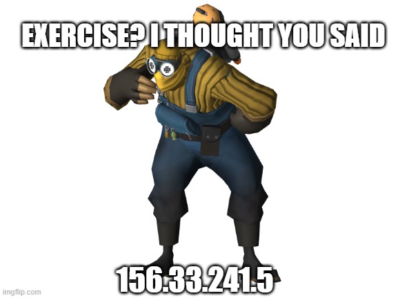 Exercise | EXERCISE? I THOUGHT YOU SAID; 156.33.241.5 | image tagged in tf2 | made w/ Imgflip meme maker