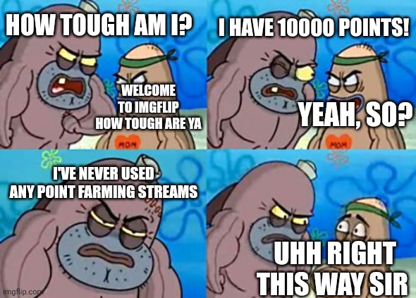 How Tough Are You |  I HAVE 10000 POINTS! HOW TOUGH AM I? WELCOME TO IMGFLIP HOW TOUGH ARE YA; YEAH, SO? I'VE NEVER USED ANY POINT FARMING STREAMS; UHH RIGHT THIS WAY SIR | image tagged in memes,how tough are you | made w/ Imgflip meme maker